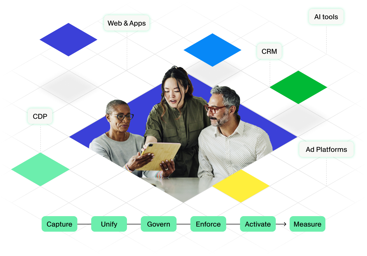 Graphic showcase a team on grid with pieces falling into place around them 