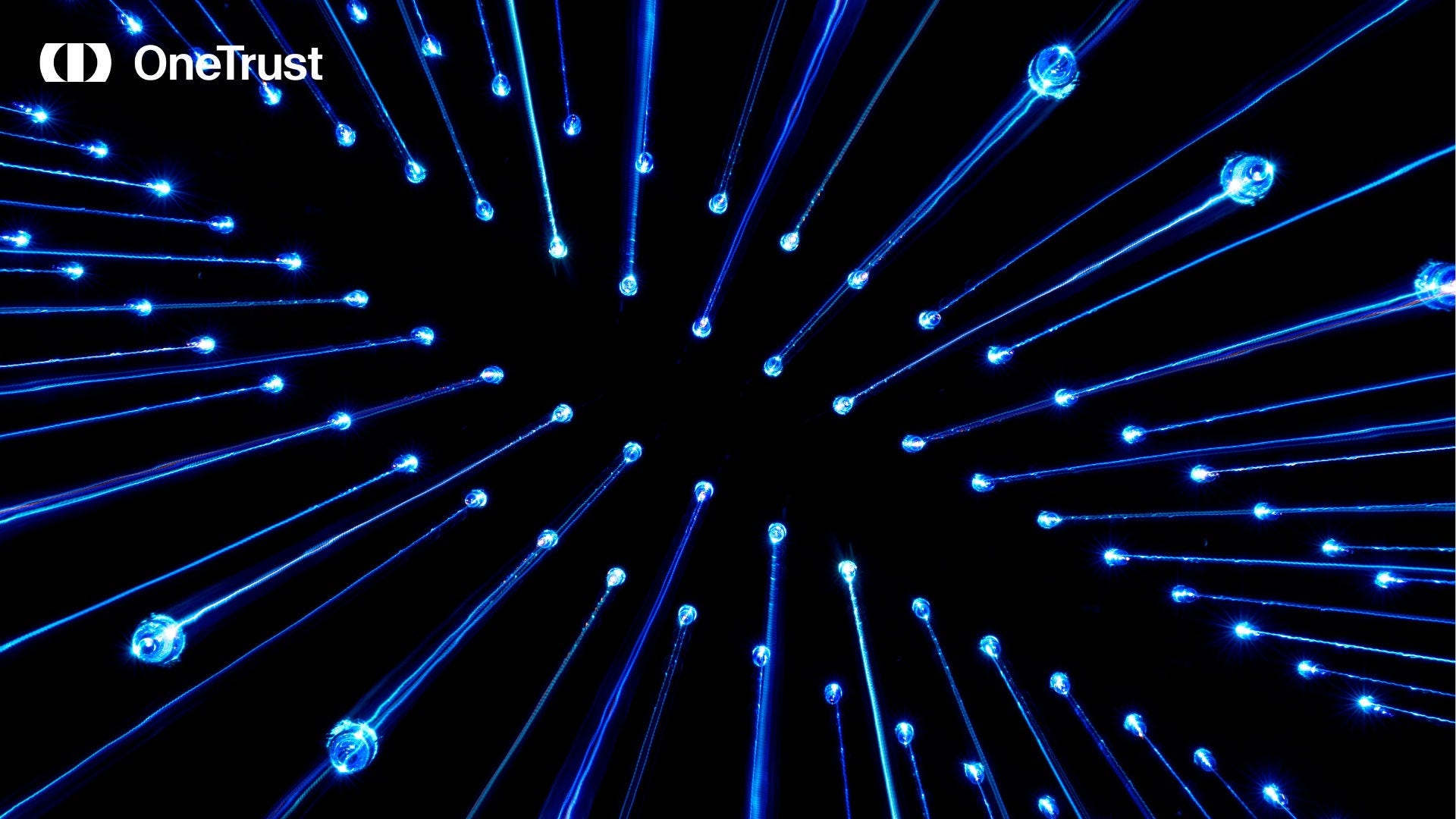 Glowing blue data lines radiating across a black background with the OneTrust logo in the upper-left corner.