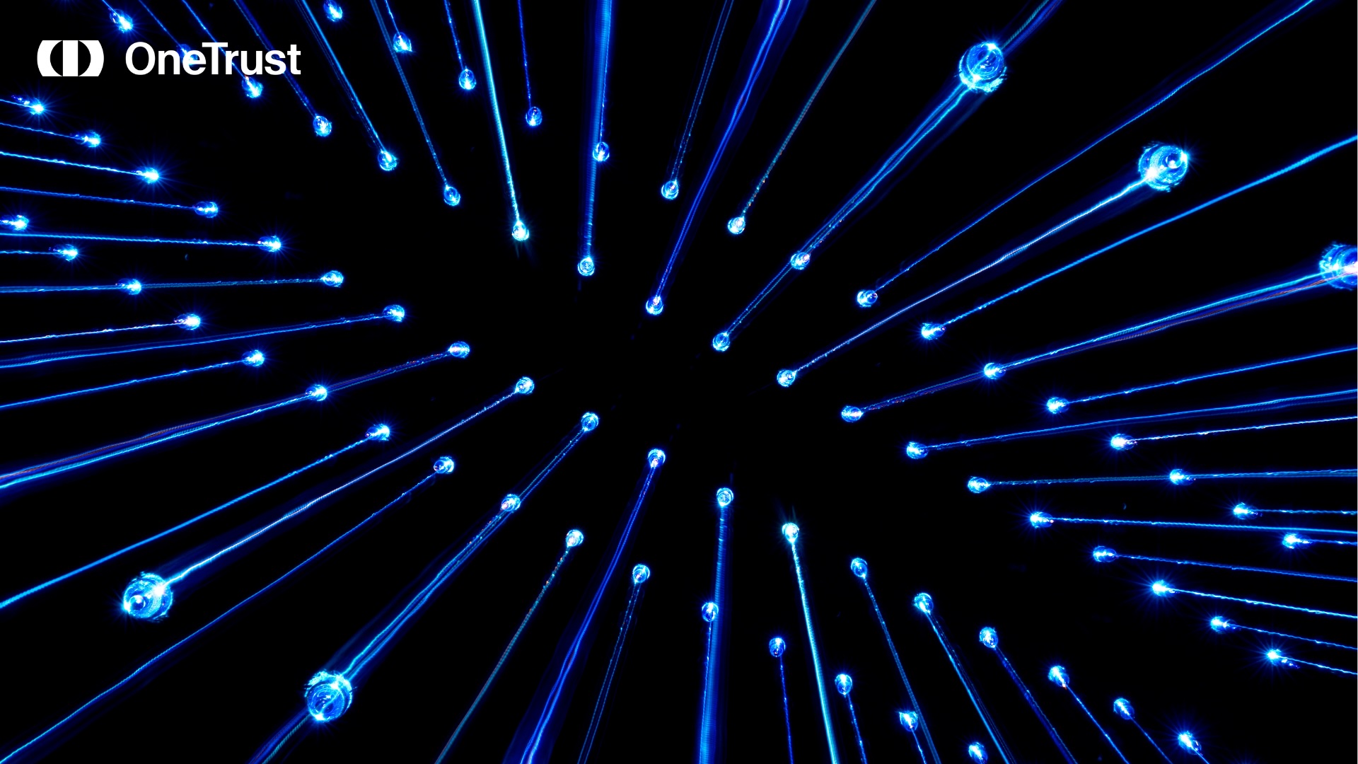 Glowing blue data lines radiating across a black background with the OneTrust logo in the upper-left corner.